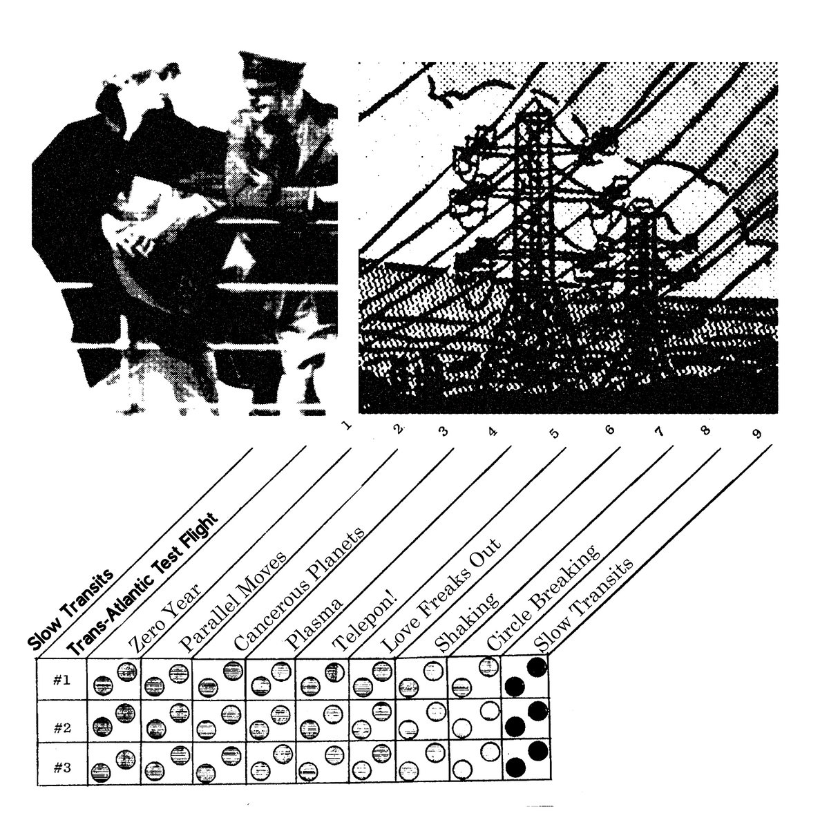 LP cover for Trans-Atlantic Test Flight. depicts a man chatting to a woman on a ship, some powerlines and the album tracklist